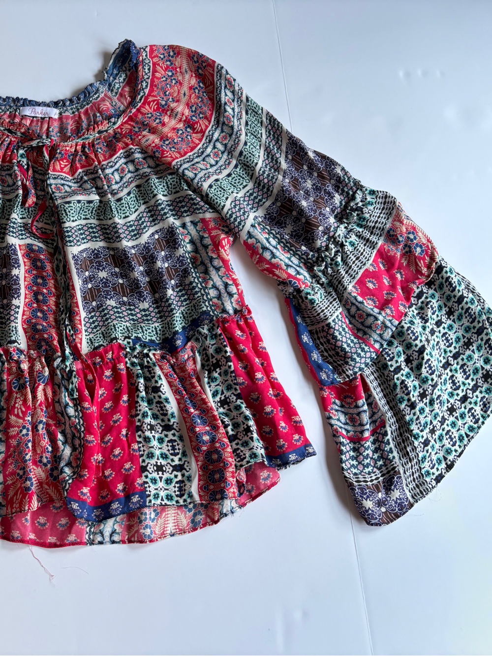 Parker Red Blue Boho Patchwork Print Tie Neck Bell Sleeve Peasant Top - Medium*